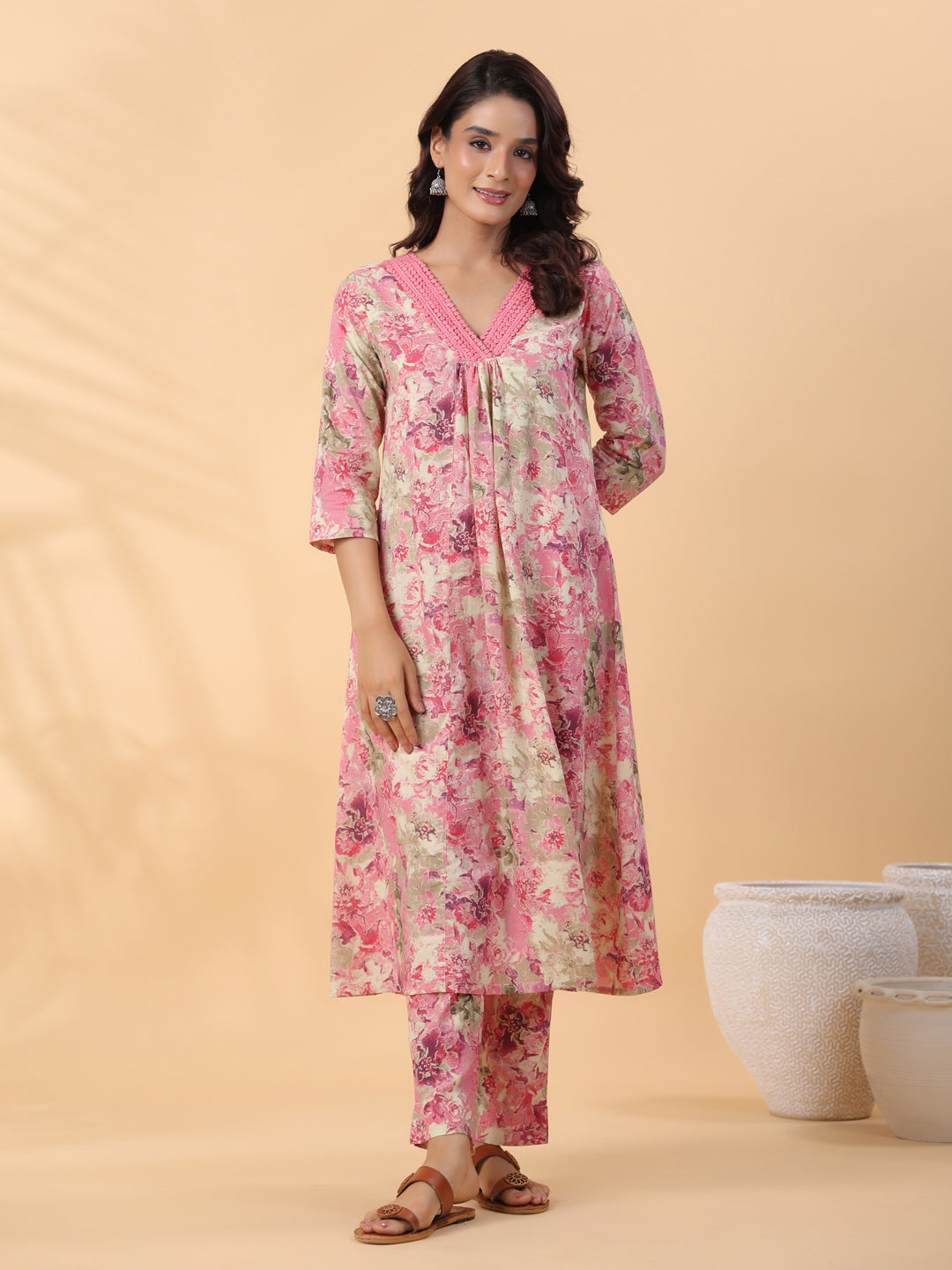 Cream-&-Pink-Cambric-Gathered-2-Piece-Kurta-Set