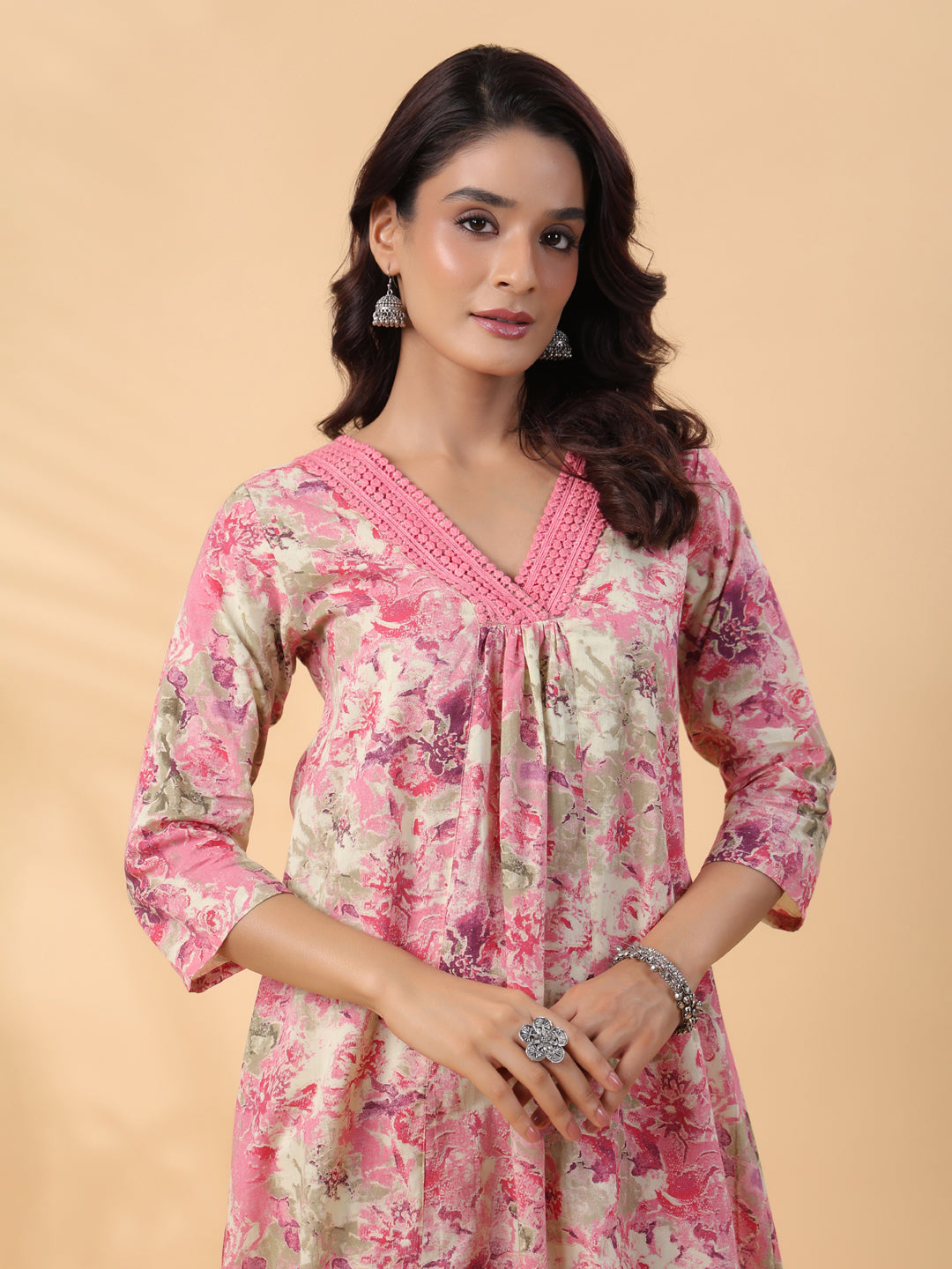 Cream-&-Pink-Cambric-Gathered-2-Piece-Kurta-Set