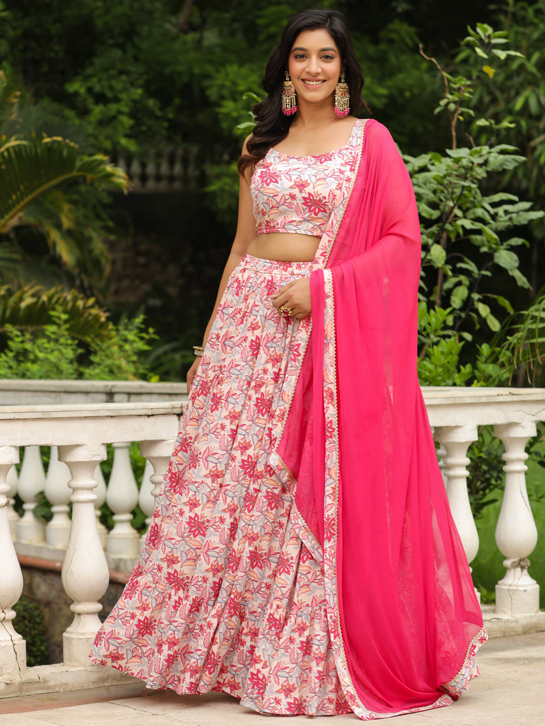 Cream-&-Pink-Cotton-Floral-Print-Lehenga-Set