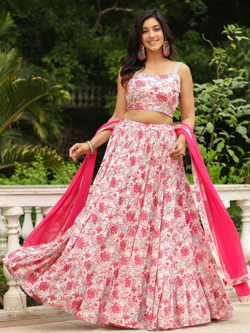 Cream-&-Pink-Cotton-Floral-Print-Lehenga-Set