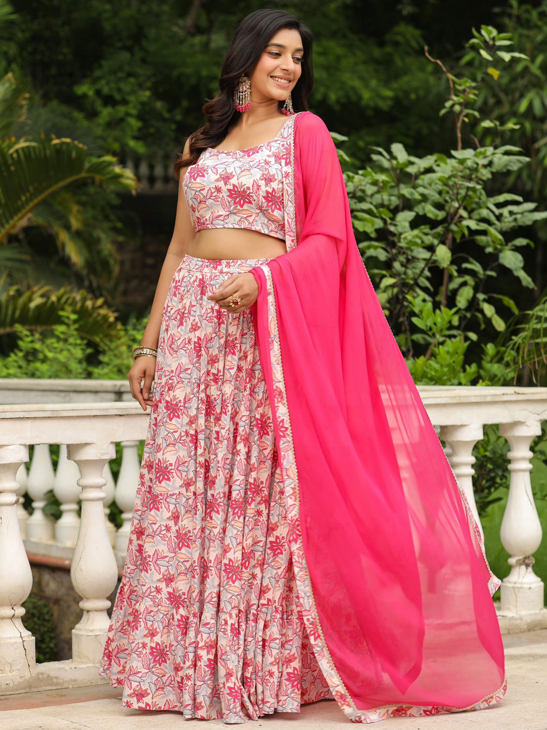 ZERESOUQ-Cream-&-Pink-Cotton-Floral-Print-Lehenga-Set