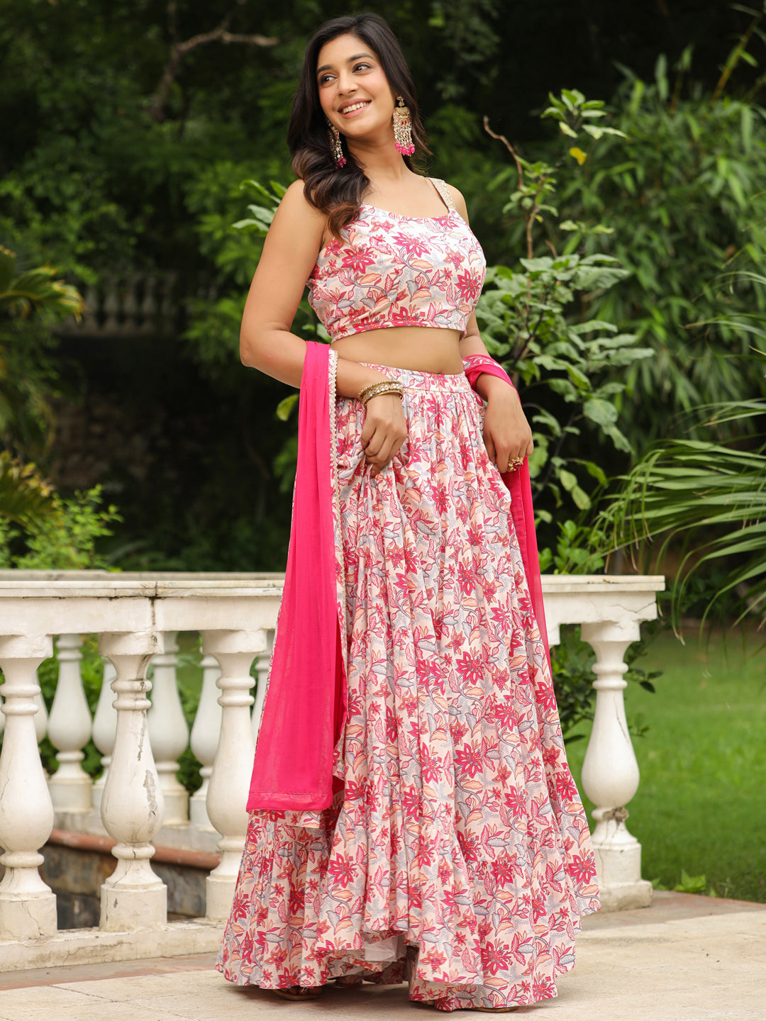 ZERESOUQ-Cream-&-Pink-Cotton-Floral-Print-Lehenga-Set