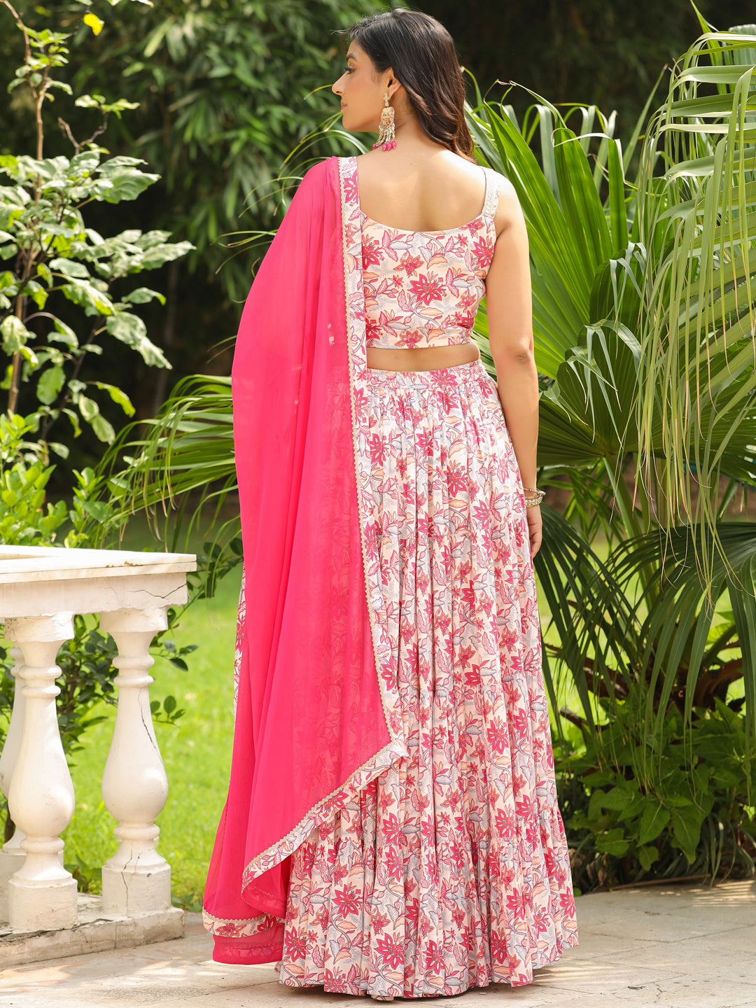 ZERESOUQ-Cream-&-Pink-Cotton-Floral-Print-Lehenga-Set