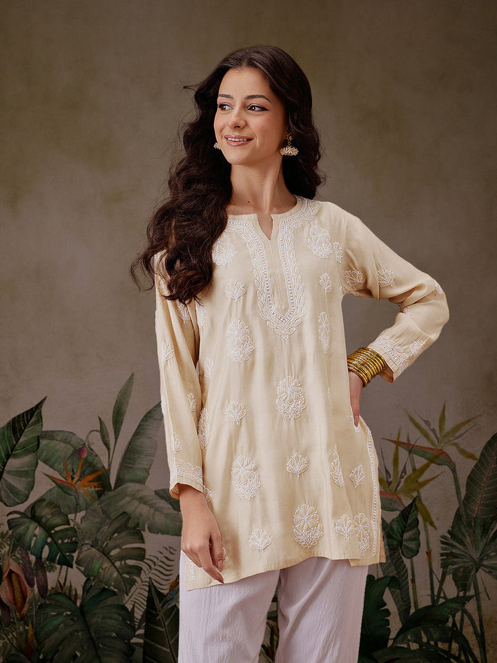 Cream-Chanderi-Lucknowi-Chikankari-Short-Kurta-ONLY