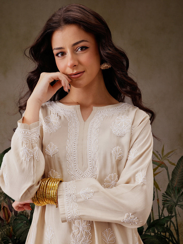 Cream-Chanderi-Lucknowi-Chikankari-Short-Kurta-ONLY