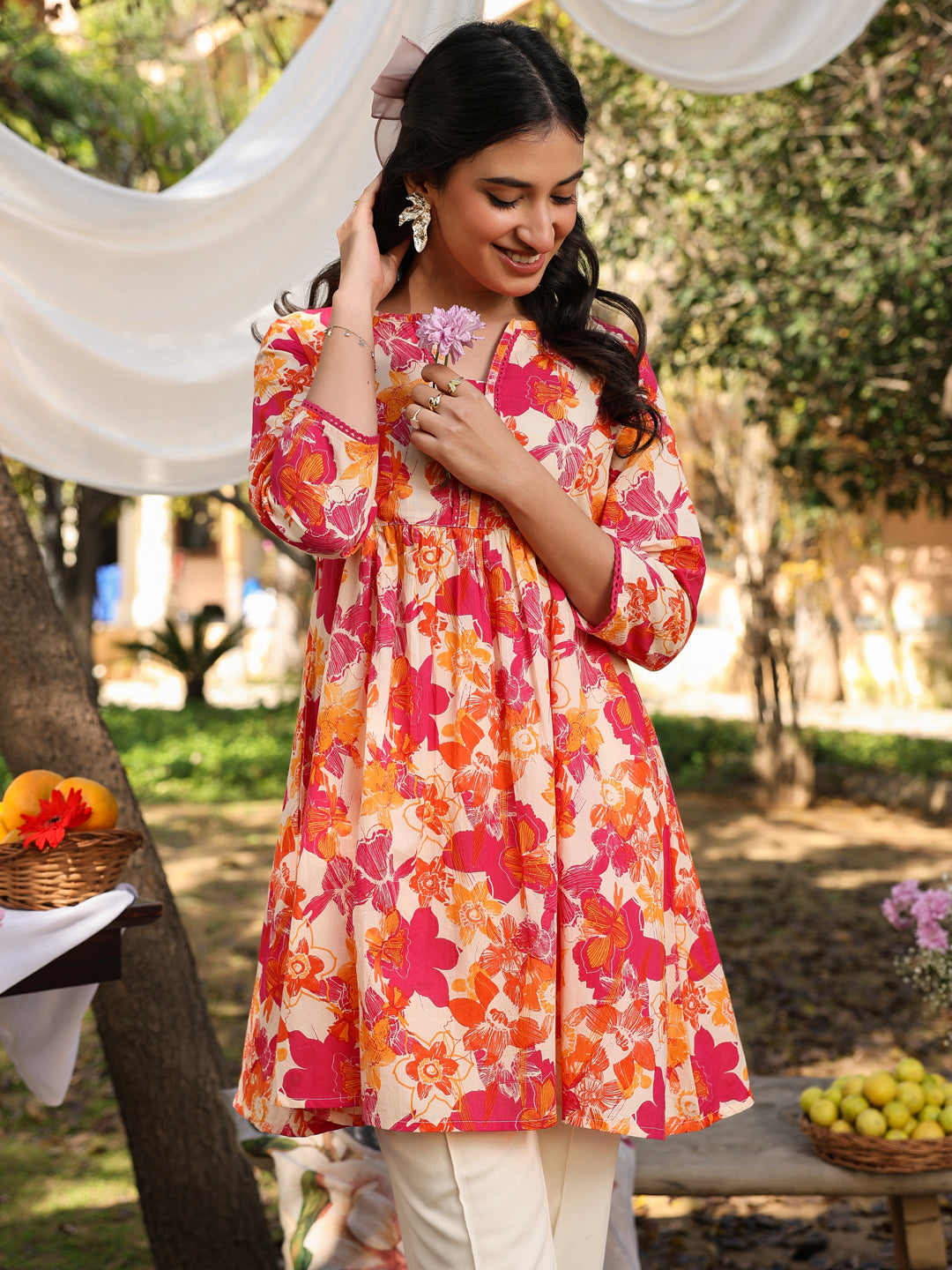 Cream Cotton All-Over Floral A-Line Tunic Only