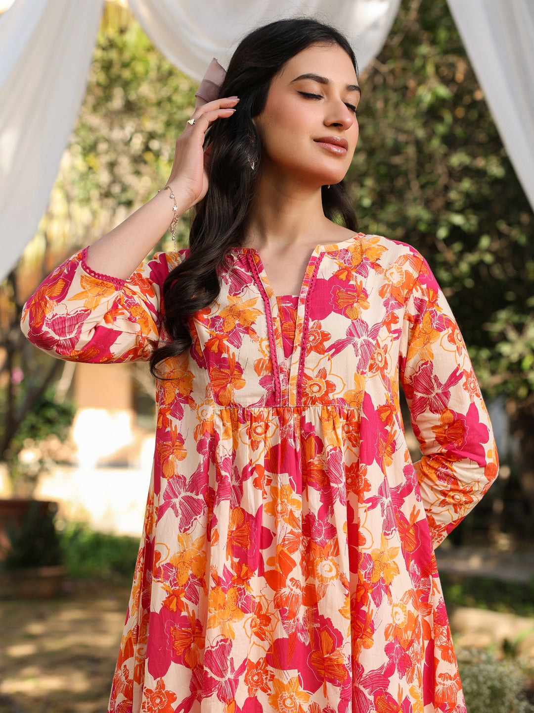 Cream Cotton All-Over Floral A-Line Tunic Only