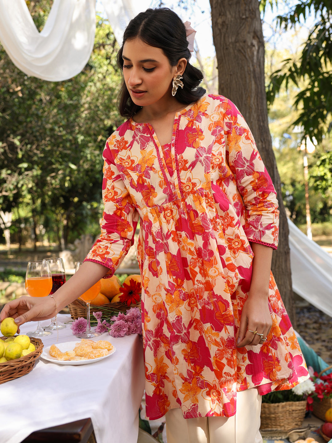 Cream Cotton All-Over Floral A-Line Tunic Only