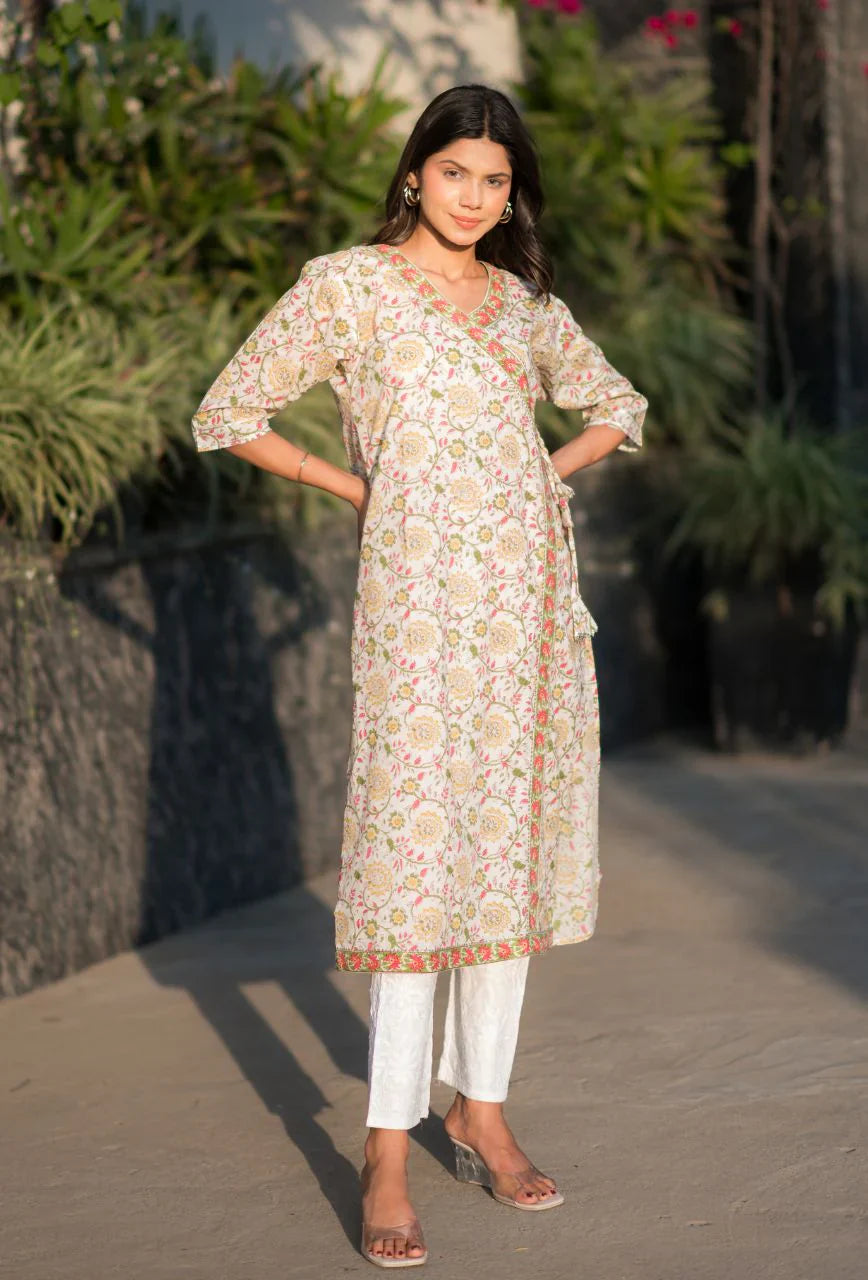 Cream-Cotton-Sanganeri-Angrakha-Chikankari-Kurta-Only