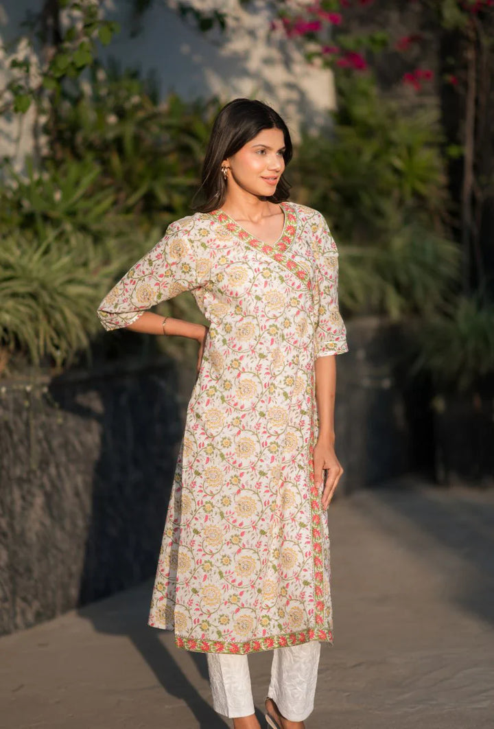 Cream-Cotton-Sanganeri-Angrakha-Chikankari-Kurta-Only