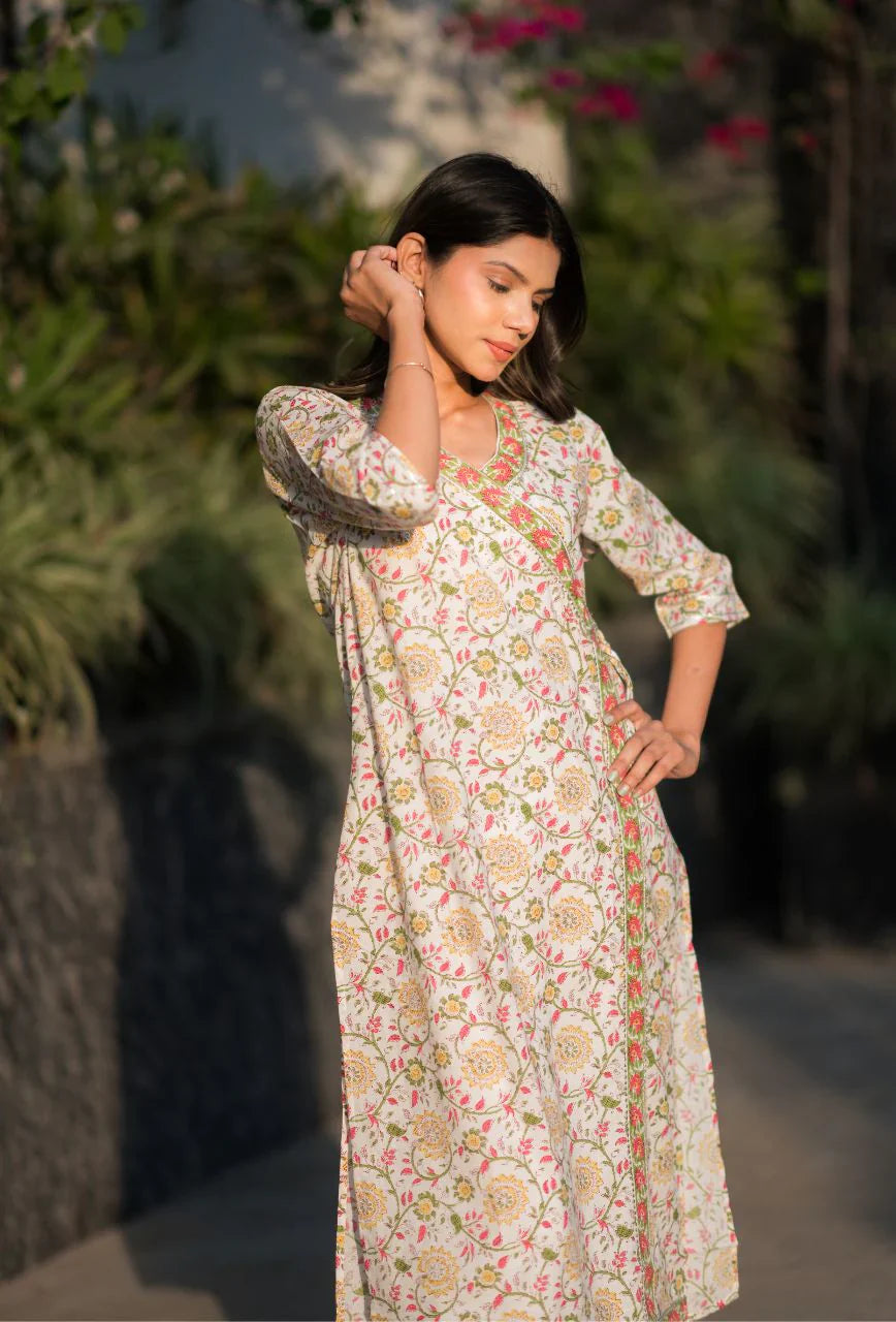 Cream-Cotton-Sanganeri-Angrakha-Chikankari-Kurta-Only