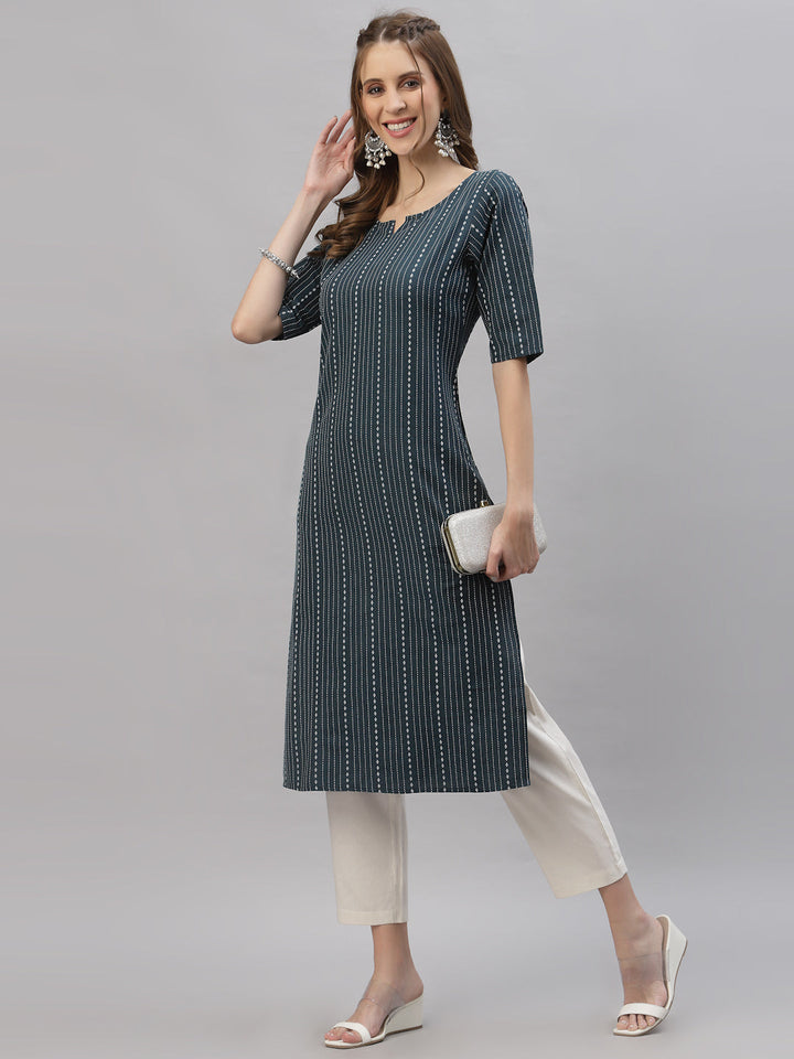 Teal-Blue-Cotton-Striped-Straight-Kurta-Only