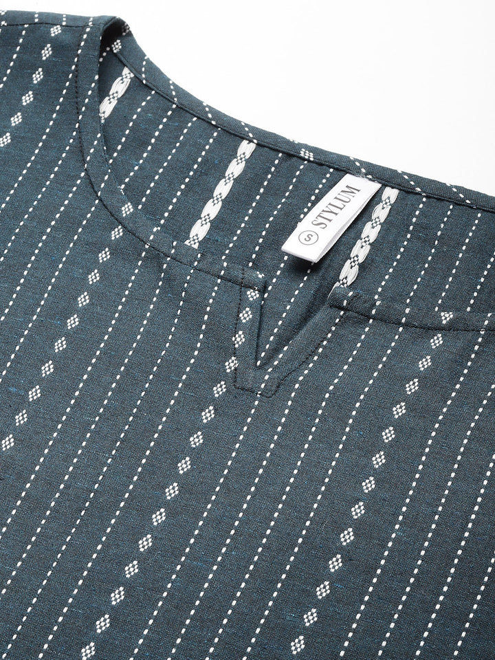 Teal-Blue-Cotton-Striped-Straight-Kurta-Only