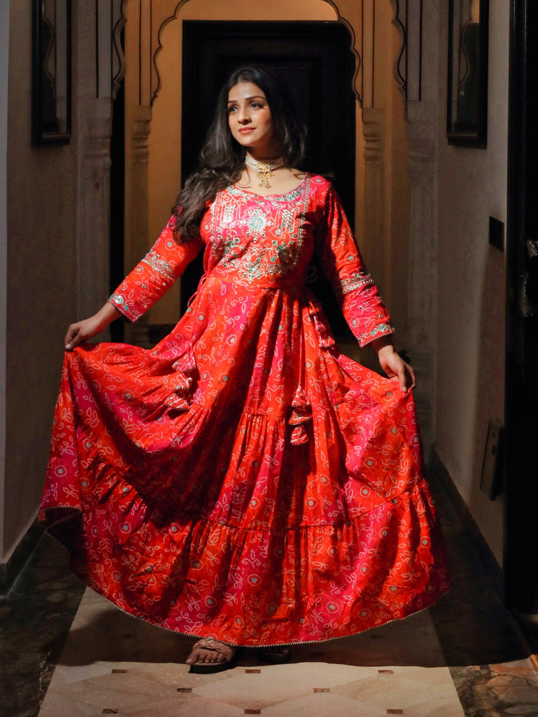 Pink-Cotton-Bandhej-Embroidered-Anarkali-Kurta