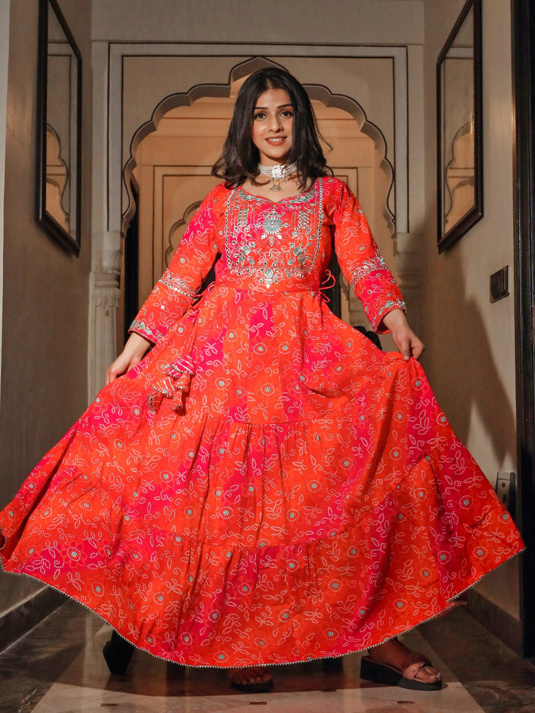 Pink-Cotton-Bandhej-Embroidered-Anarkali-Kurta