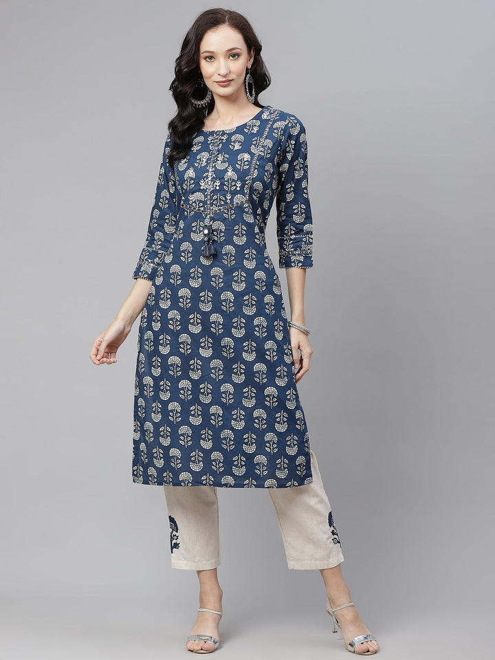 Blue Floral A-Line Cotton Kurta Pant Sets