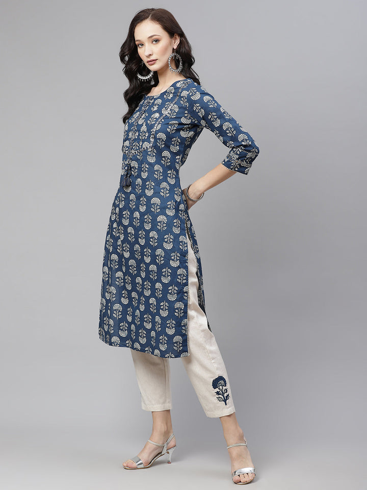 Blue Floral A-Line Cotton Kurta Pant Sets