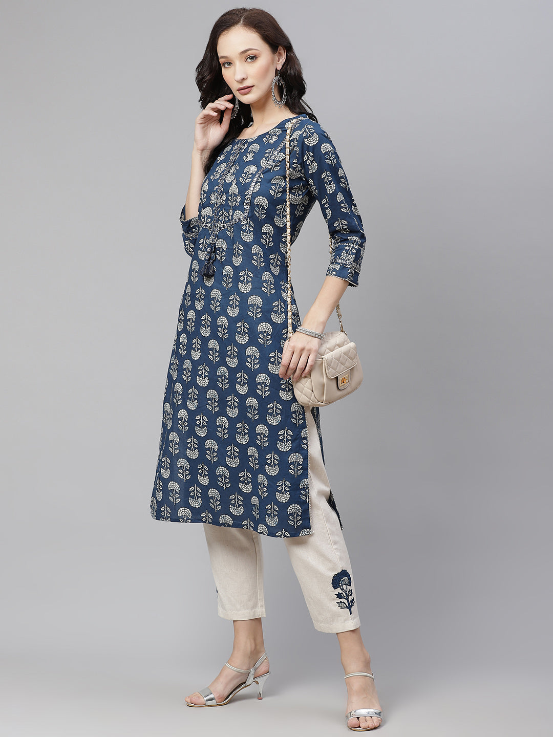 Blue Floral A-Line Cotton Kurta Pant Sets