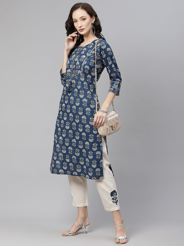 Blue Floral A-Line Cotton Kurta Pant Sets
