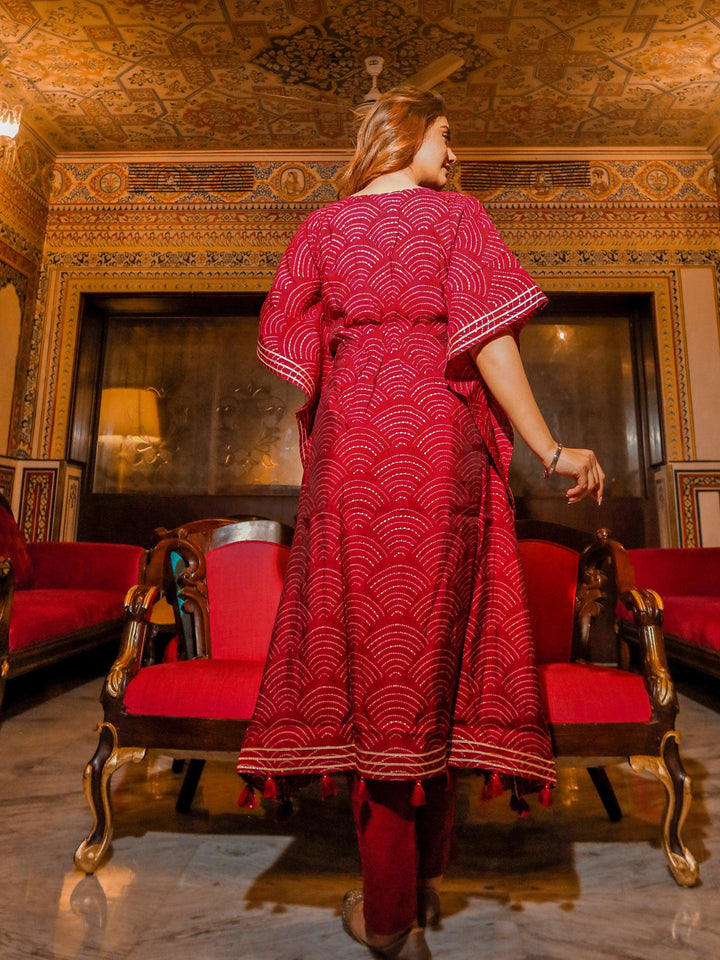 Maroon-Rayon-Bandhej-Kaftan-Pant-Set
