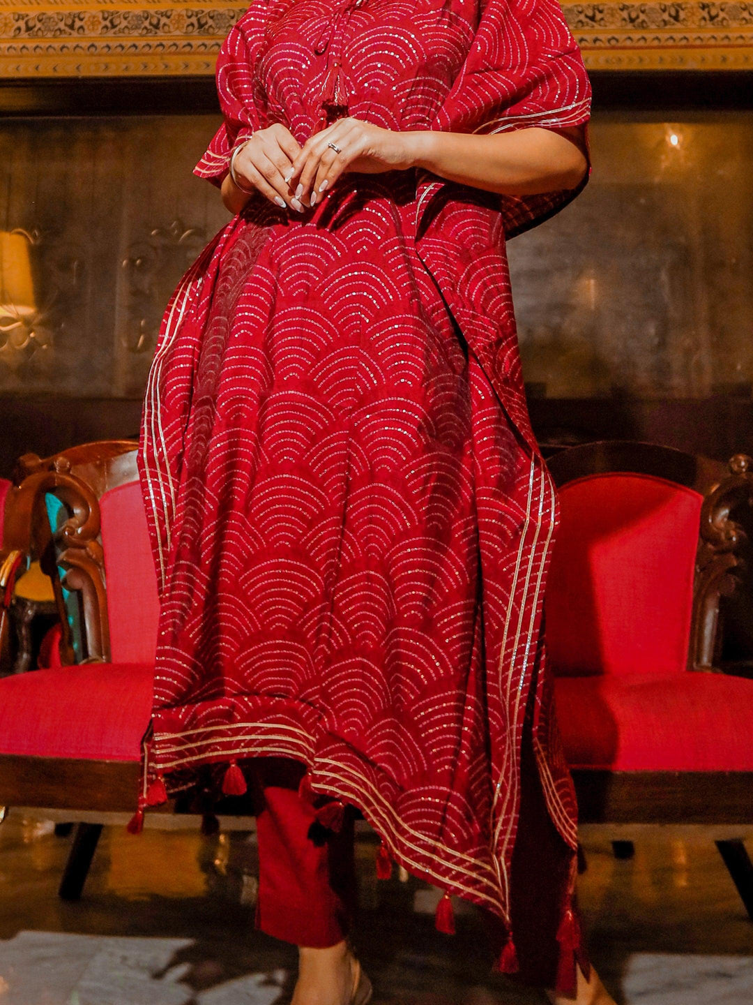 Maroon-Rayon-Bandhej-Kaftan-Pant-Set