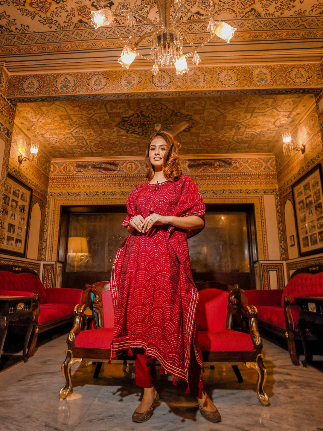 Maroon-Rayon-Bandhej-Kaftan-Pant-Set