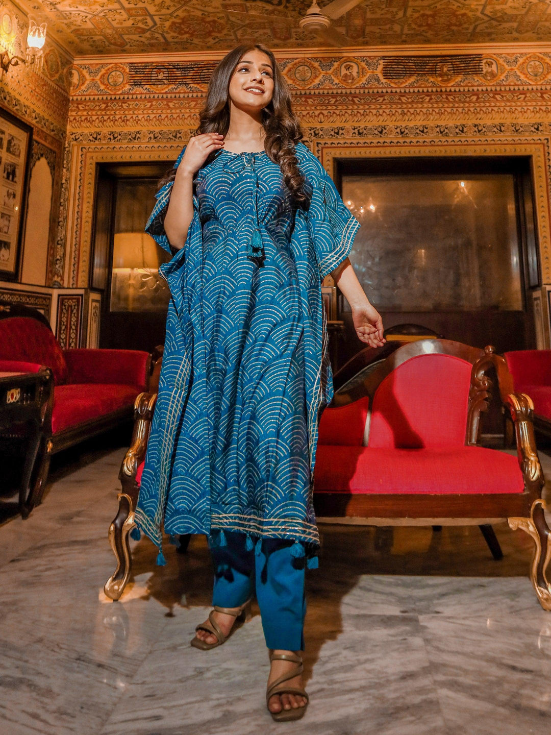 Teal-Blue-Rayon-Bandhej-Kaftan-Pant-Set