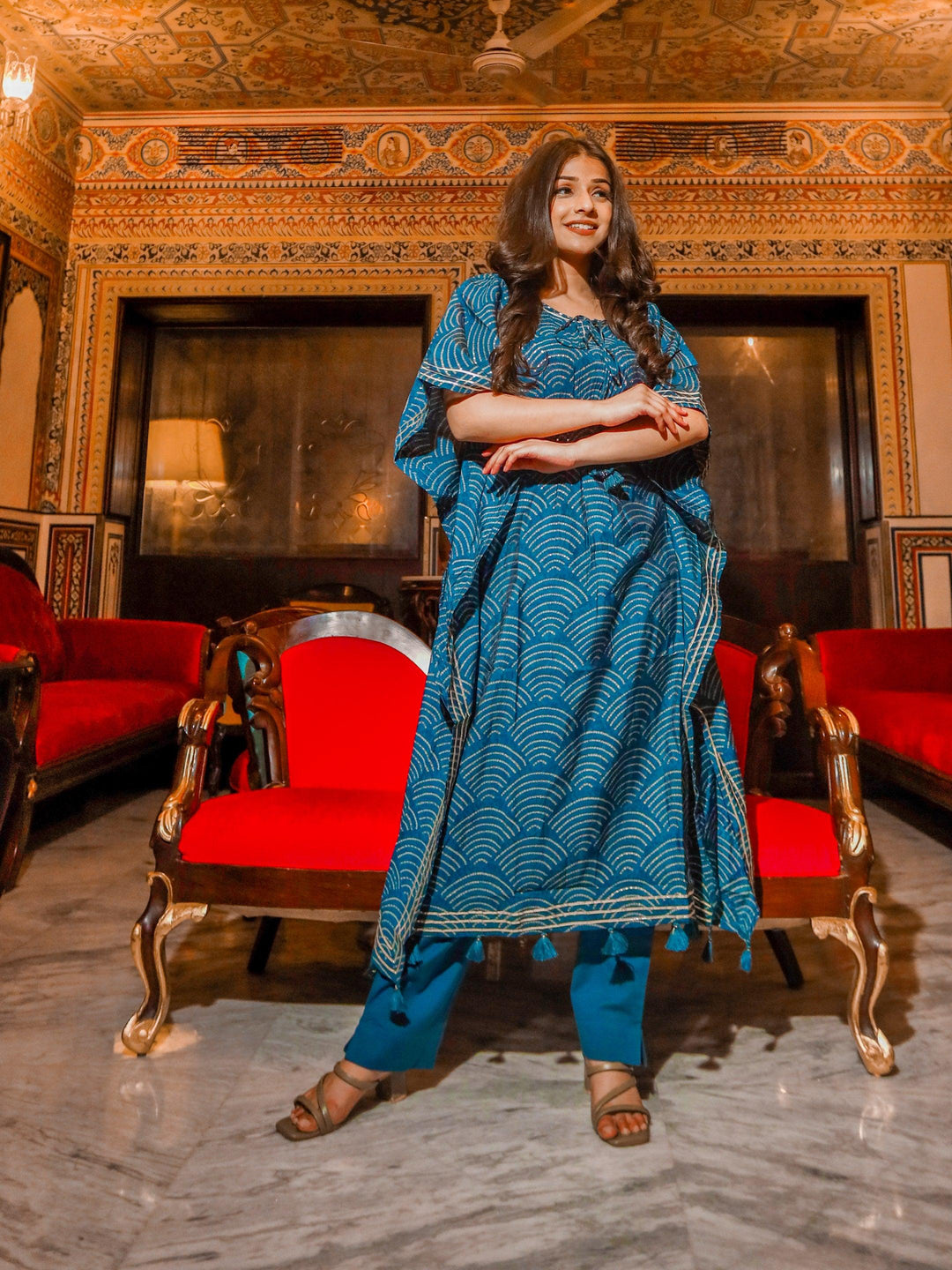 Teal-Blue-Rayon-Bandhej-Kaftan-Pant-Set