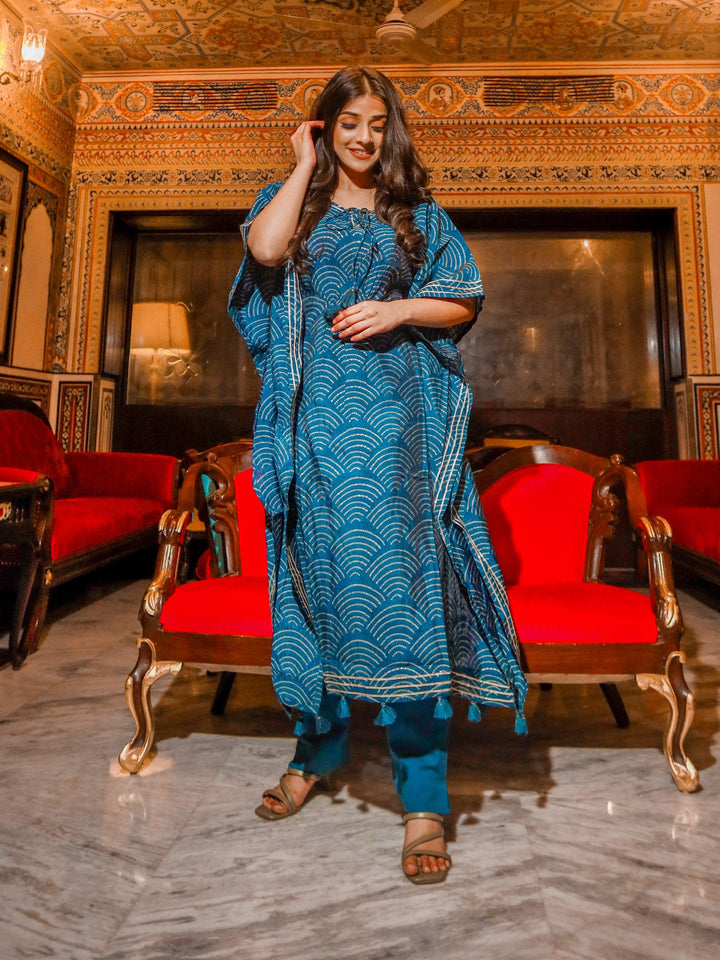 Teal-Blue-Rayon-Bandhej-Kaftan-Pant-Set