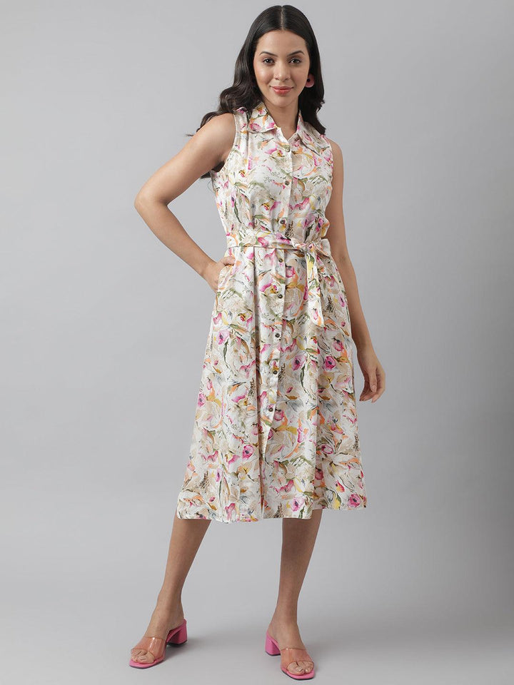 Cream-Rayon-A-Line-Floral-Printed-Midi-Dress