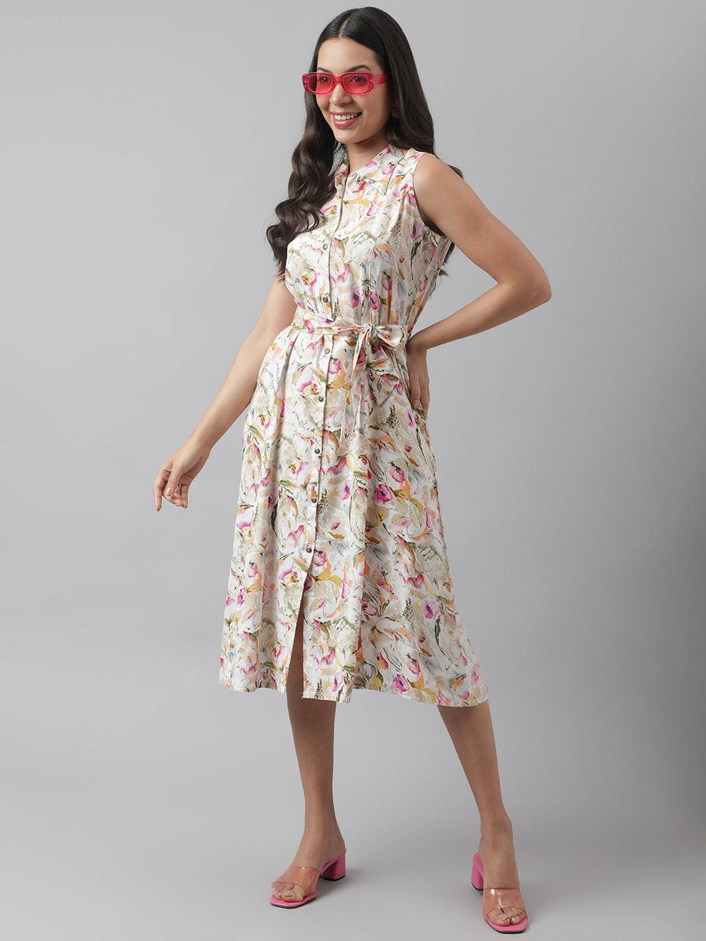 Cream-Rayon-A-Line-Floral-Printed-Midi-Dress