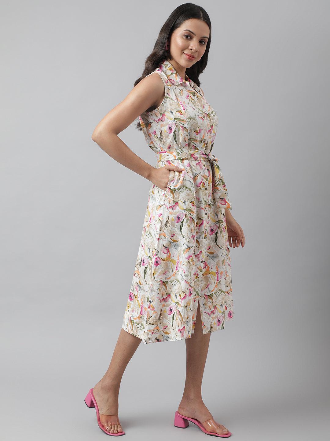 Cream-Rayon-A-Line-Floral-Printed-Midi-Dress