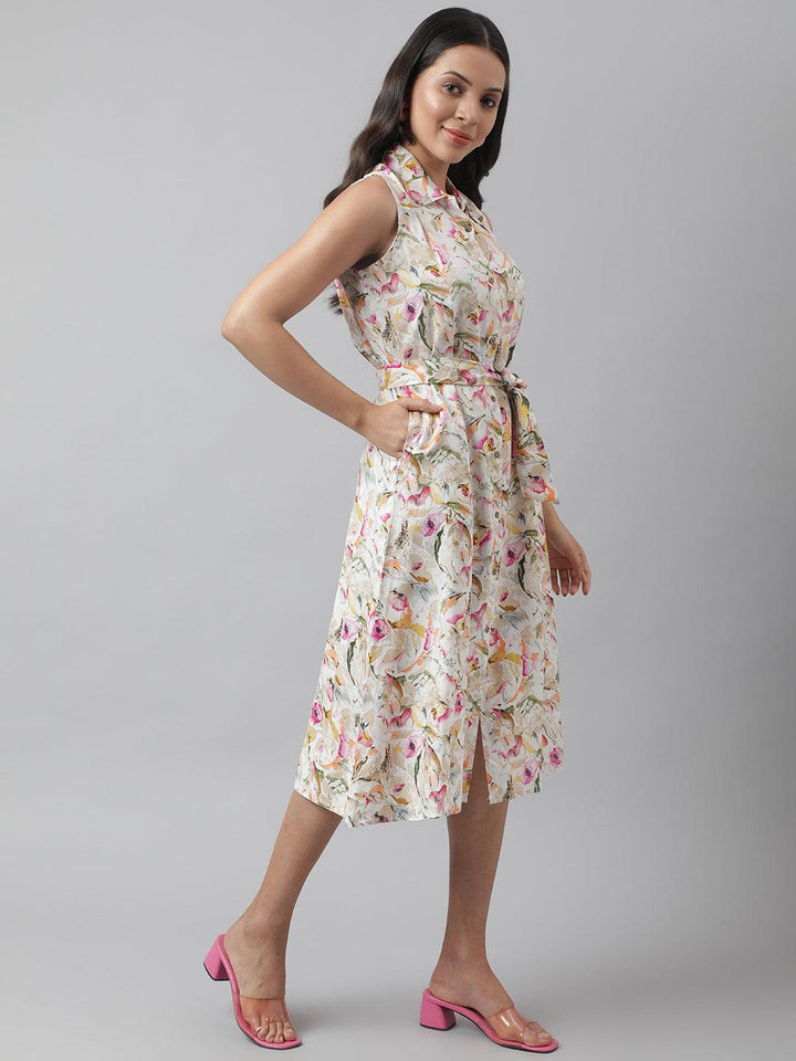 Cream-Rayon-A-Line-Floral-Printed-Midi-Dress