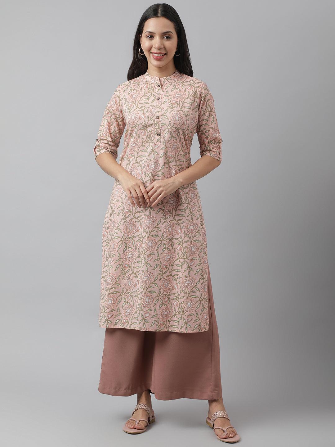 Baby-Pink-Cotton-Floral-Printed-Straight-2-Piece-Kurta-Plazzo-Set