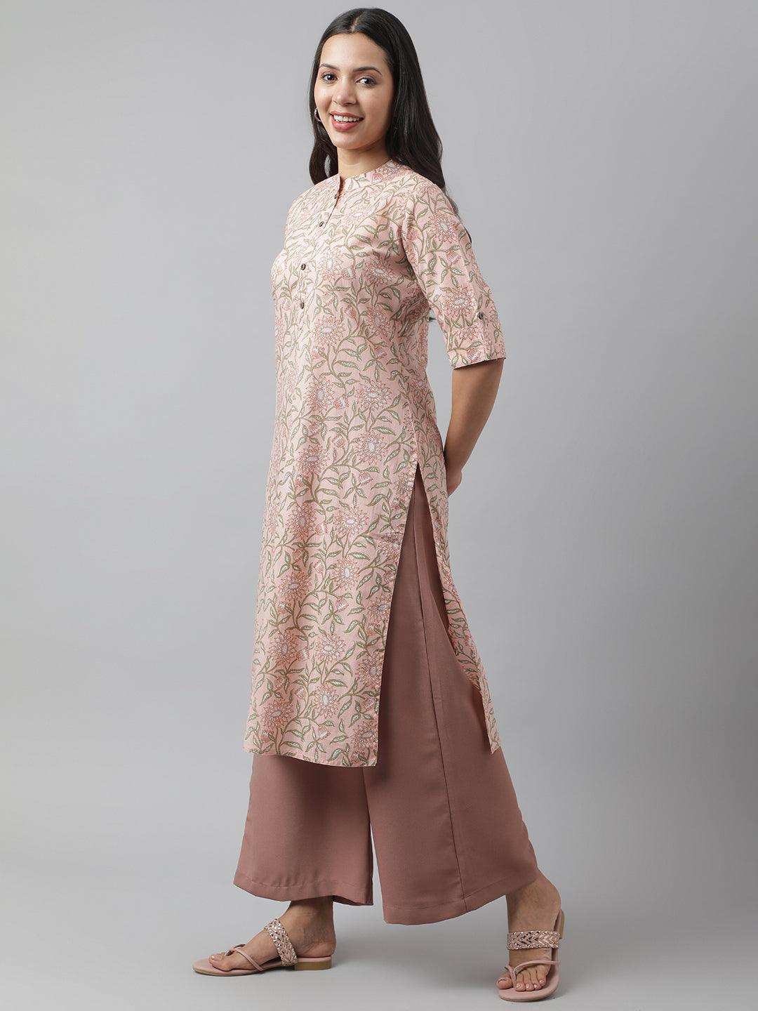 Baby-Pink-Cotton-Floral-Printed-Straight-2-Piece-Kurta-Plazzo-Set
