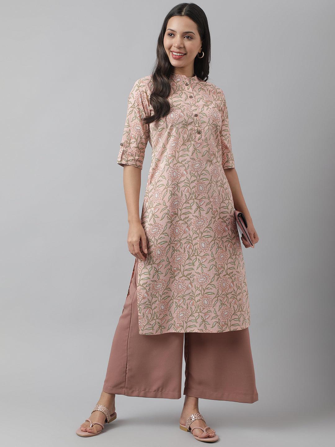 Baby-Pink-Cotton-Floral-Printed-Straight-2-Piece-Kurta-Plazzo-Set