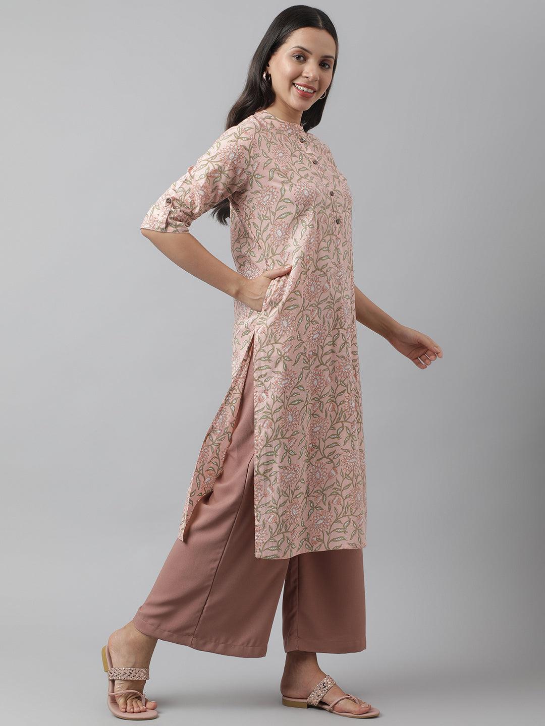Baby-Pink-Cotton-Floral-Printed-Straight-2-Piece-Kurta-Plazzo-Set