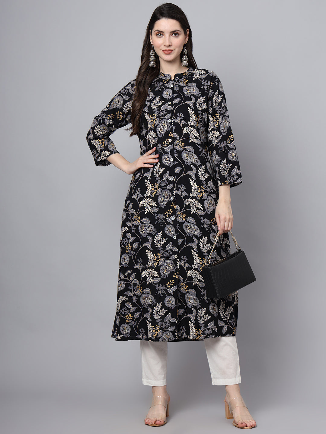 Black-Rayon-Floral-Printed-A-Line-Kurta