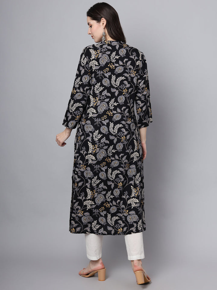 Black-Rayon-Floral-Printed-A-Line-Kurta