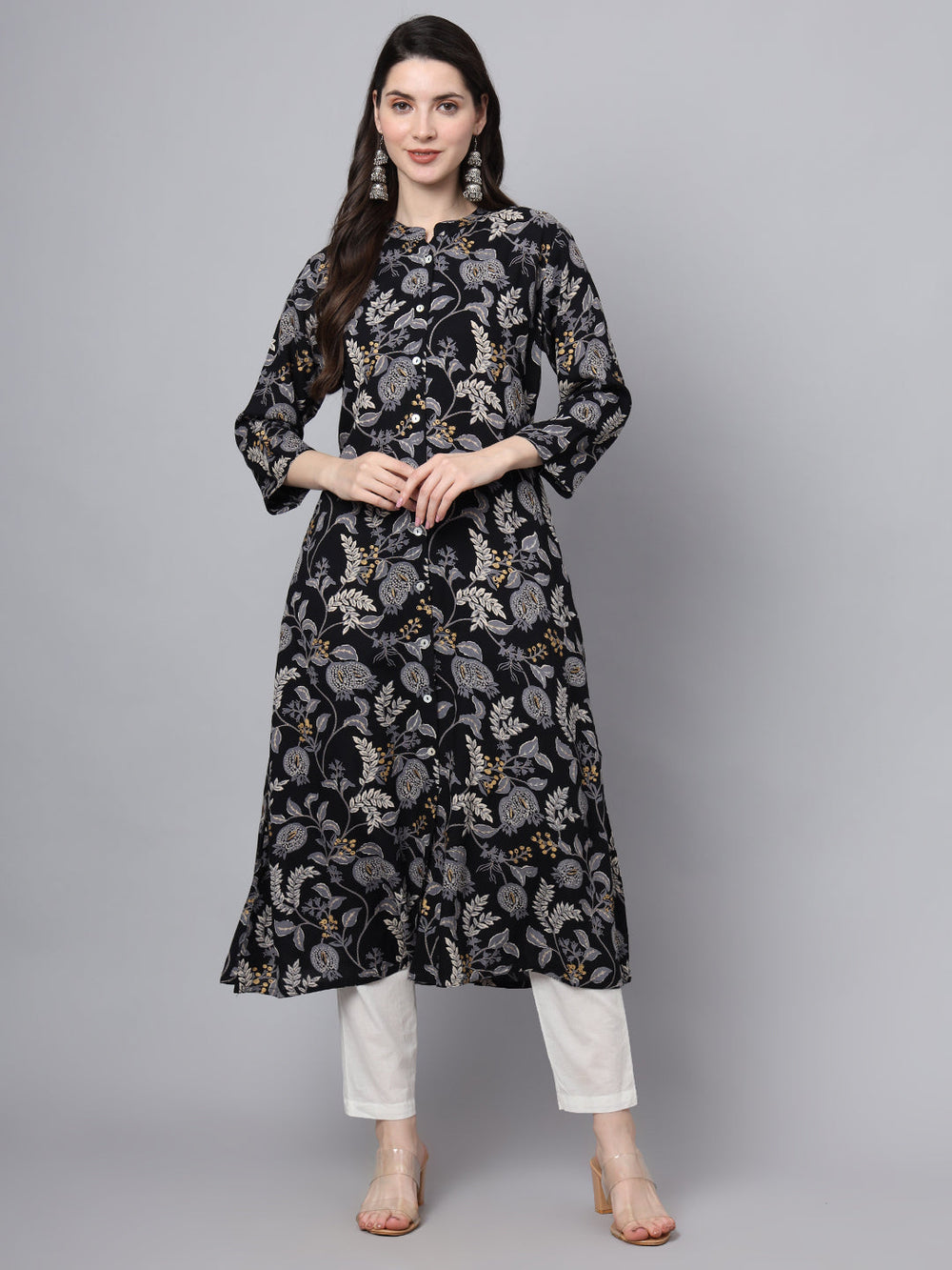 Black-Rayon-Floral-Printed-A-Line-Kurta