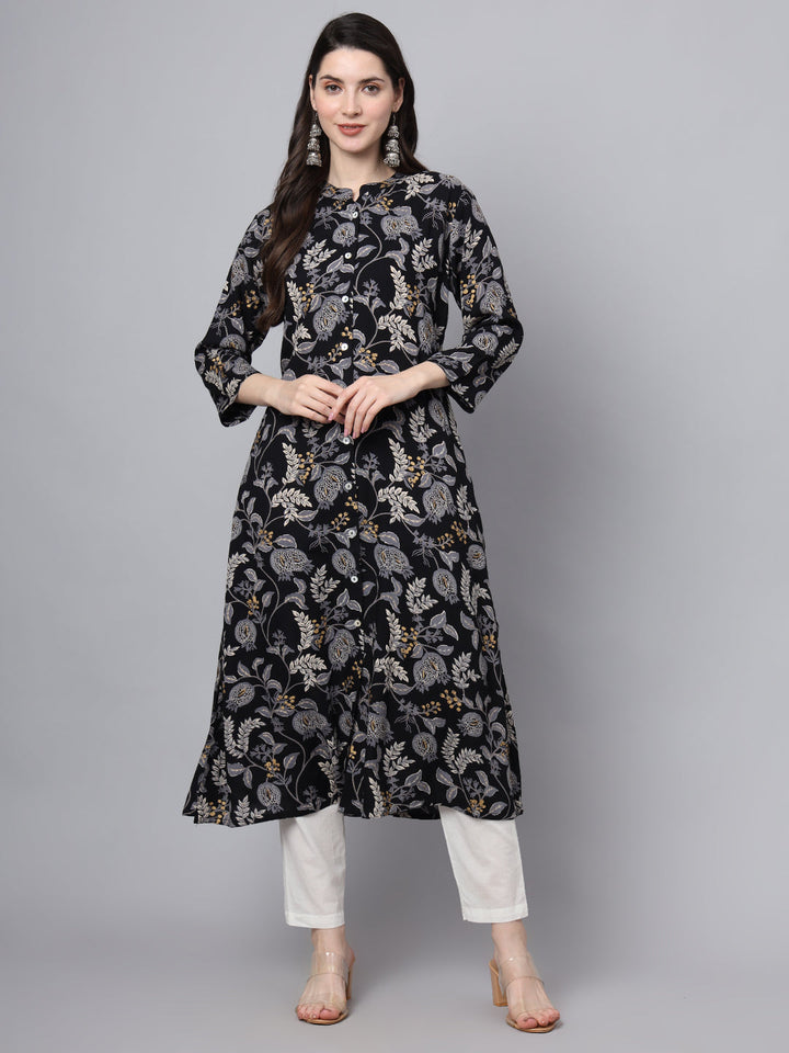 Black-Rayon-Floral-Printed-A-Line-Kurta
