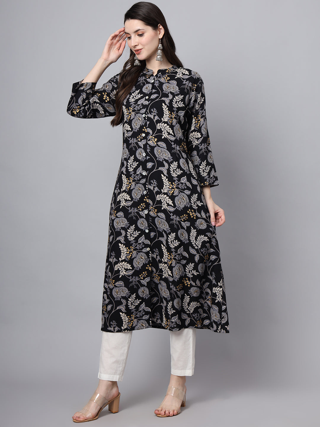 Black-Rayon-Floral-Printed-A-Line-Kurta