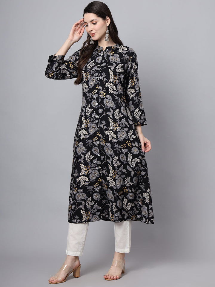 Black-Rayon-Floral-Printed-A-Line-Kurta