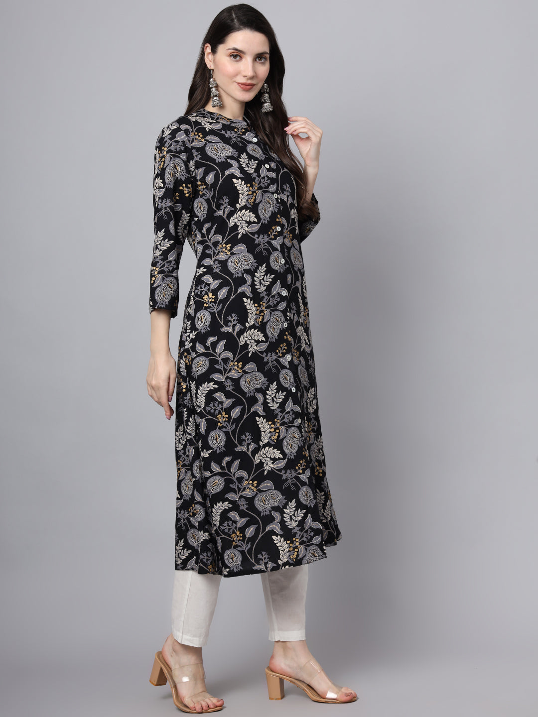 Black-Rayon-Floral-Printed-A-Line-Kurta