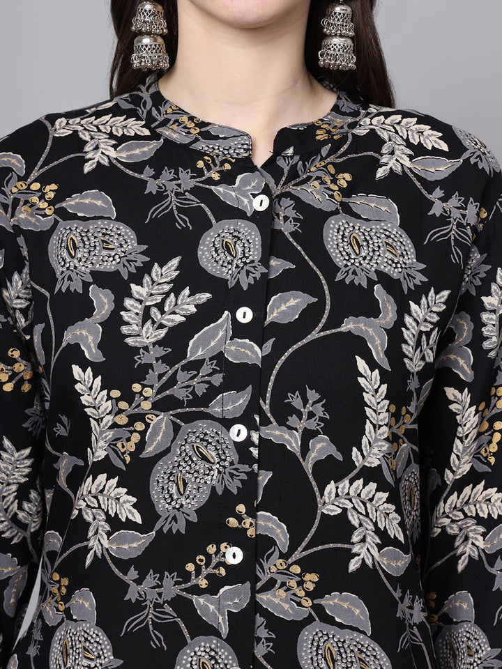 Black-Rayon-Floral-Printed-A-Line-Kurta