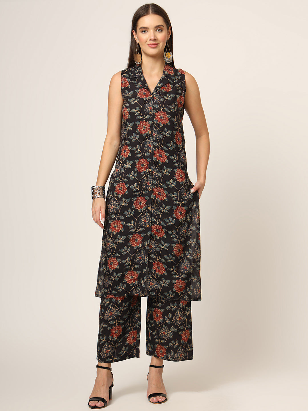 Black-Rayon-Floral-Printed-Straight-2-Piece-Kurta-Set