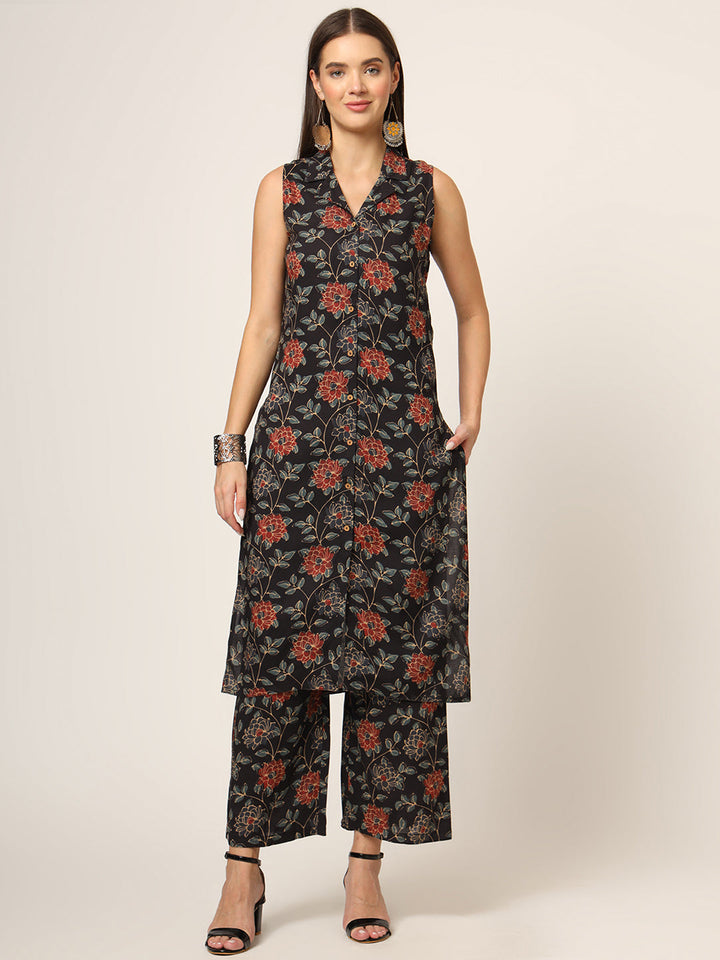 Black-Rayon-Floral-Printed-Straight-2-Piece-Kurta-Set