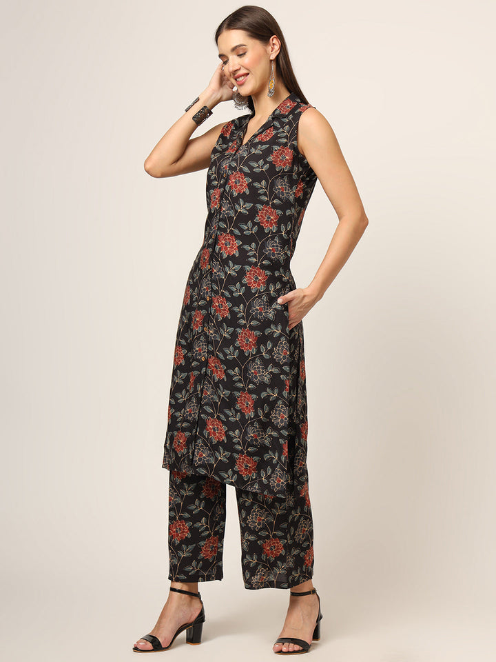 Black-Rayon-Floral-Printed-Straight-2-Piece-Kurta-Set