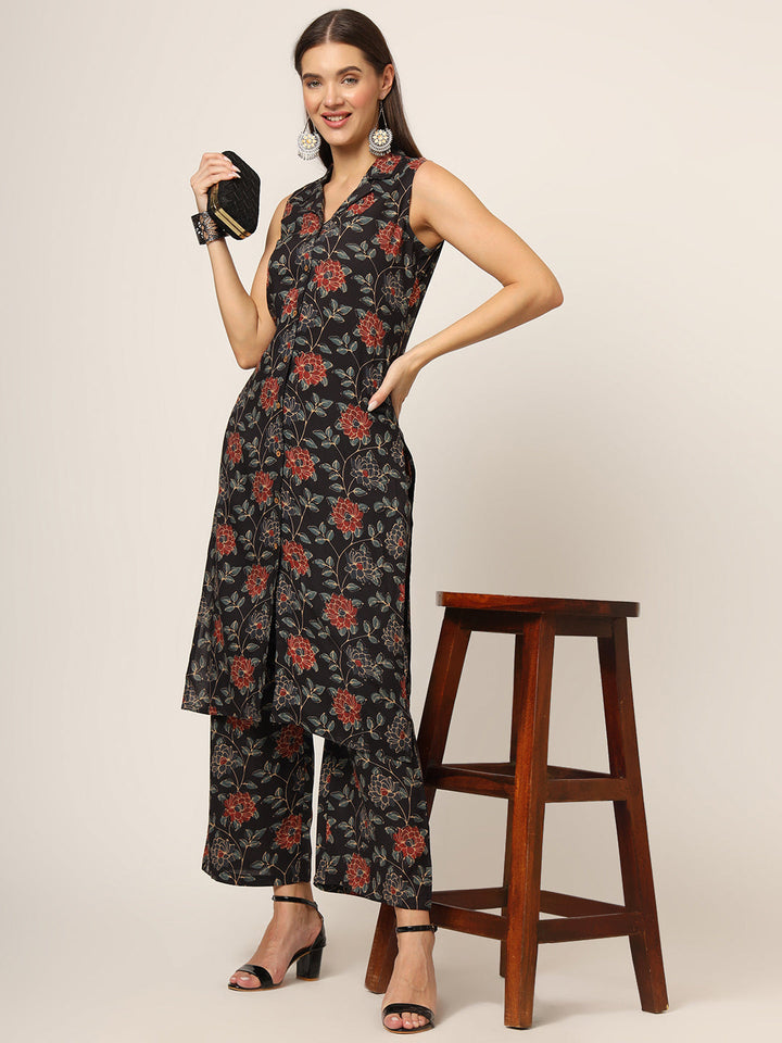 Black-Rayon-Floral-Printed-Straight-2-Piece-Kurta-Set