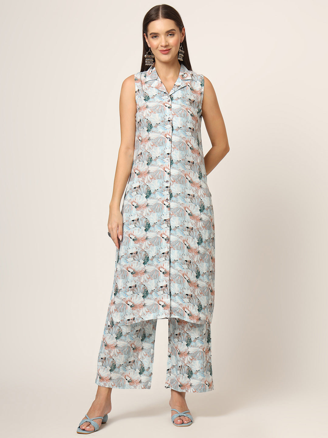 Sky-Blue-Rayon-Floral-Printed-Sleeveless-2-Piece-Kurta-Set